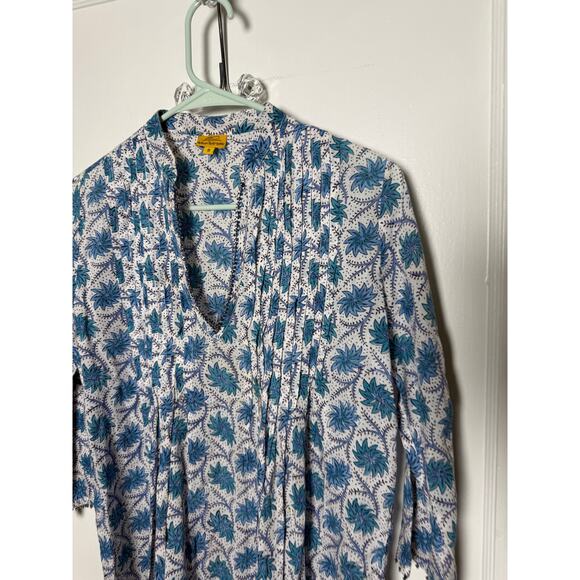 Roberta Roller Rabbit Block Print Blue Floral Cotton Tunic Top Blouse Small - Picture 3 of 10